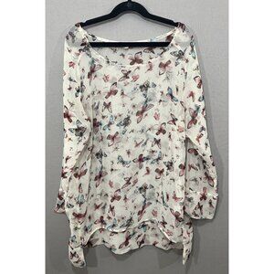 Ketz-ke Clothing Beige Sheer 3/4 Sleeve Flowy Butterfly Print Blouse Size Small
